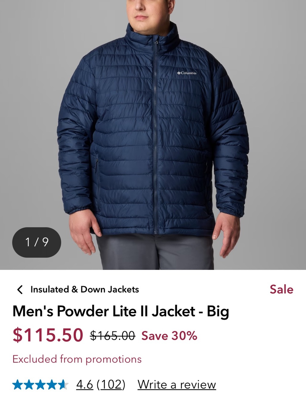 Columbia Men's Navy Packable Puffer Jacket